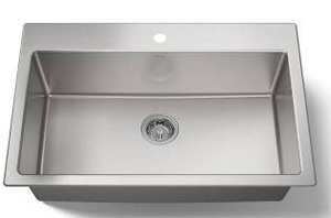 lot 25097 image: Stainless Steel 1 Hole Center Drain Sink, 33 W x 22 D x 8 34 H Inch- Retail $429