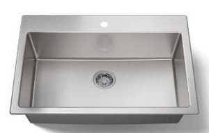 lot 25100 image: Stainless Steel 1 Hole Center Drain Sink, 33 W x 22 D x 8 34 H Inch- Retail $429