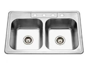lot 25101 image: Stainless Steel 33 Inch Double Basin Sink, 4 Hole- Retail $230