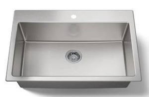 lot 25103 image: Stainless Steel 1 Hole Center Drain Sink, 33 W x 22 D x 8 34 H Inch- Retail $429