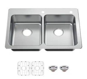 lot 25107 image: Glacier Bay Bratten 33 in. Drop-In 5050 Double Bowl 18 Gauge Stainless Steel Kitchen Sink with Accessories- Retail $229