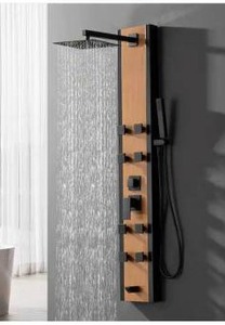 lot 25108 image: BWE 8 Jet Rainfall Shower Panel System with Rainfall Waterfall Shower Head and Shower Wand in Black Bamboo- Retail $151