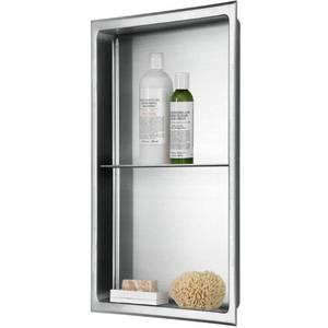 lot 25110 image: 12 in. W x 24 in. H x 4 in. D Stainless Steel Double Shelf Bathroom Shower Wall Niche in Brushed Stainless Steel- Retail $240