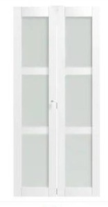lot 25119 image: TENONER 30 in. x 80 in. 3-Lite Frosted Glass Solid Core White Finished MDF Bi-fold Door with Lock, Handle, and Hardware Kit- Retail $289