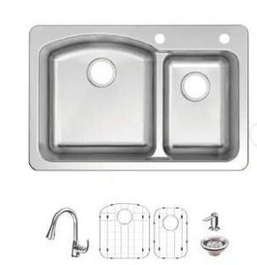 lot 25133 image: Stainless Steel 22 W x 33 L x 9 D Double Bowl Dual Mount Kitchen Sink with Faucet Set- Retail $339