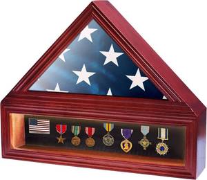 lot 1002 image: Military Veteran Flag Display Case Shadow Box with Led Lights, 3x5 American Military Flag Holder with Certificate Document Holder and Military Medal Display Frame Acrylic Covered , Mahogany Finish