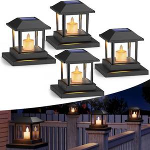 lot 1007 image: 4 Pack Solar Post Lights Outdoor with 3D Flickering Candle Wick, Solar Post Cap Lights IP67 Waterproof, Warm LED Lighting Decor for Fence Deck Mailbox Yard Porch, Fit 4x4, 5x5 or 6x6 VinylWooden Post