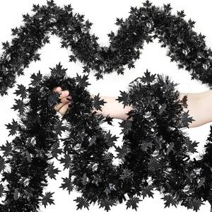 lot 3212 image: 50FT Halloween Tinsel Garland Decorations, Black Shiny Metallic Streamer Garland with Maple Leaves for Home Tree Mantle Indoor Outdoor Halloween Party Supplies