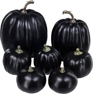 lot 3213 image: Winlyn 7 Pcs Assorted Artificial Black Pumpkins Halloween Faux Rustic Decorative Foam Pumpkins for Fall Halloween Thanksgiving Tabletop Centerpiece Mantel Kitchen Decor