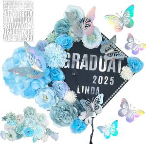 lot 3232 image: Focushine DIY Graduation Cap Decorations Kit Artificial Flowers, 3D Butterfly, Rhinestones & Alphabet Stickers for 2025 Grad Party