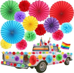 lot 3242 image: AmazingSpark 48 Pcs Rainbow Party Car Decorations 8 12 16 Colorful Paper Fans Paper Pom Poms Rainbow Tissue Flowers with Adhesive Magnetic Sheet for Wedding Birthday Fiesta Carnival Baby Shower