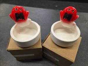 lot 6586 image: Lot of 2 4 Halloween Ghost Tea Light Holder - Creepy Ceramic Candle Stand with Red Eyes for Home, Party Decor - Seasonal Tabletop Decoration