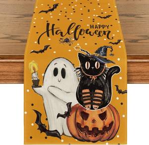 lot 6657 image: Artoid Mode Orange Jack-O-Lantern Pumpkin Ghost Black Cat Halloween Table Runner, Bat Kitchen Dining Table Decoration for Home Party Decor 13x108 Inch