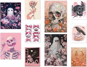 lot 6660 image: Whaline 10Pcs Halloween Wall Art Prints Pink Skull Ghost Flower Paper Posters Aesthetic Gothic Picture Decoration for Party Gallery Living Room Office, Unframed