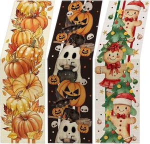 lot 7011 image: 3 Pcs Halloween Table Runner Thanksgiving Table Runner 13x72 Inch Halloween Ghost Decor Fall Pumpkin Christmas Gingerbread Decor Holiday Decoration Seasonal Farmhouse Kitchen Decoration