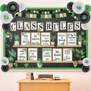 lot 7017 image: Pajean 140 Pcs Plant Classroom Bulletin Board Decoration Set Class Rules Posters with Paper Fans Motivational Wall Signs Inspirational Classroom Decor for Elementary Middle School Teacher Supplies