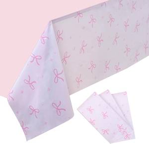 lot 7021 image: Lot if 2, 3PC Pink Bow Tablecloth, Bow Party Supplies Decorations, Rectangle Disposable Tablecover 54 108in White Pink for Bow Theme Birthday Party Bachelorette Bridal Engagement Decor Coquette Supplies
