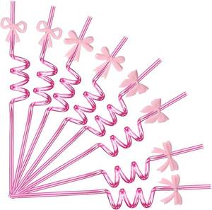lot 7023 image: 24 Reusable Pink Spiral Straws with 4 Bow Charms  Pretty Birthday Party, Bachelorette, Wedding, Baby Shower & Home Decor Essentials  Cute Coquette Supplies Straws 2 Brushes(Party Favors Gift Set)