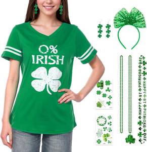 St Patricks Day Shirt Women V-Neck Lucky Shamrock Graphic Tee Womens St Pattys Day Printed Short Sleeve Shirts Tops Size Large