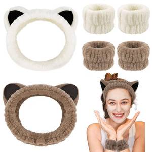 lot 7058 image: Cat Ears Spa Wristband Set Animal Skincare Funny Makeup Headband for Washing Face Fluffy Elastic Face Wash Hair Band for Women Girls Cute Trendy Stuff (White Brown)