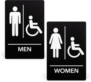 lot 7077 image: Lot of 2, Restroom Sign for Business, ADA Compliant Braille Bathroom Sign with Double Sided Tape to Secure Perfectly in Less Than a Minute,Mens & Womens Handicap Set,Size 8 x 6 Inch