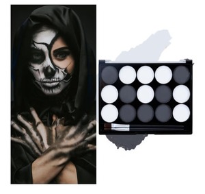 lot 7084 image: Black White Face Body Paint Kit with Brushes for Art Theater Halloween Party Cosplay Clown Sfx Makeup for Adult, Face Body Paint Washable Zombie Skeleton Makeup Kit (15 Colors)