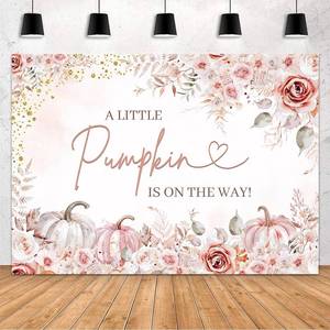 lot 7102 image: Lot of 2, MEHOFOND 7x5ft Pumpkin Baby Shower Backdrop Watercolor A Little Pumpkin is On The Way Pink Floral Fall Leaves Photography Background for Newborn Baby Shower Party Decor Cake Table Banner Photo Booth