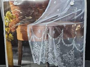 lot 7138 image: TrendShine Sheer Curtains, 84 Inches Long, 2 Panel Set, White Voile with Linen Lace, 3 Rod Pocket