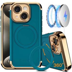 lot 281 image: COOLQO for iPhone 15 Case 6.1 Upgraded 360° Spin Magnetic Stand Compatible with MagsafeMilitary Protection Plating Matte Scratch-Resistant Back Protective Shockproof Phone Case, Green Gold - Retail $27