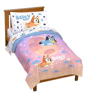 lot 282 image: Jay Franco Bluey & Bingo Toddler Comforter Set - 4 Piece Bed Set Includes Sheet Set & Pillow Covers - Super Soft Clouds & Stars Kids Bedding - Retail $53