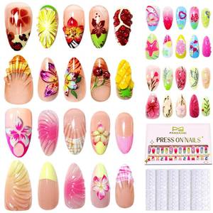 lot 286 image: FANDAMEI Press on Nails, 4 Styles 120PCS 3D Flower Press on Nails Short Almond Fake Nails, Medium Almond 3D False Nails, Flower Butterfly Spring Summer Nails for Women - Retail $8