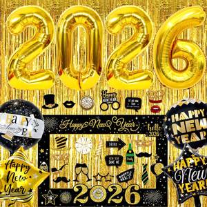 lot 290 image: New Years Eve Party Supplies 2026, Black and Gold Happy New Year Decorations with 2026 Number Balloons Golden Fringe Curtains Foil Balloons New Year Photo Booth Props for NYE Party Decor