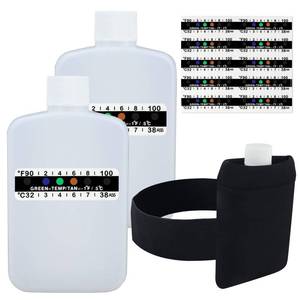 lot 293 image: KEVTVEK 14 Pcs Urine Test Complete Kit Includes 2 Translucent Portable Travel Empty Bottles, 10 Adhesive Temperature Test Strips, Neoprene Bag and Hi-Stretch Hidden Leg Straps - Retail $13