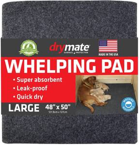 lot 303 image: Drymate Whelping Box Liner Mat, Machine Washable, Super Absorbent, Waterproof, Quick Dry, Slip-Resistant, Reusable Dog Puppy Pee Pads for Training, Housebreaking, Incontinence, Crate (USA Made)(48x50) - Retail $30