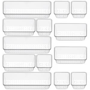 lot 311 image: 12 Piece Clear Drawer Organizer Set, 3 Sizes Bathroom Vanity Organizer Trays and Storage Bins for Makeup, Cosmetics, Jewelry, and Gadgets. Perfect for Office, Kitchen, Bedroom, Bathroom Use. - Retail $9