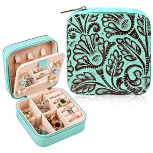 lot 322 image: DEEKA Western Jewelry Box Case Real Leather Turquoise and Brown Embossed Tooled Travel Jewelry Organizer Gifts Christmas Gifts for Women Country Girls Cowgirl Stuff Portable Travel Accessories -Green - Retail $16