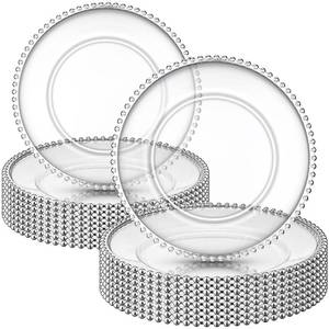 lot 338 image: Zopeal 18 Pcs Plastic Beaded Charger Plates 13 Inch Round Dinner Chargers Silver Bead Charger for Dinner Clear Service Plates for Wedding Birthday Party Events Bridal Shower Tabletop Decoration - Retail $50