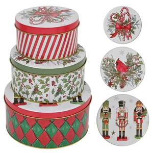 lot 795 image: Christmas Metal Cookie Tin with Lid Set of 3 For Gift Giving Vintage Design Small Medium Large Xmas Gift idea for Storing Patisseries, Snack, Chocolate, Easter, Special Occasion, Holidays Doesnt Seal - Retail $20