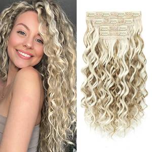 lot 804 image: Flvaco Curly Clip In Hair Extensions, 4PCS 16 Inch Ash Blonde with Highlights Extensions Clip Ins Lace Weft Short Curly Invisible Natural Hairpieces for Women - Retail $20