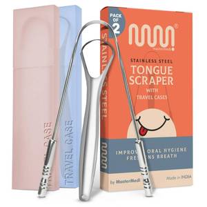 lot 805 image: MasterMedi Tongue Scraper with Multicolor Cases (2 Pack), 100% Stainless Steel, Reduce Bad Breath, Easy to Use Tongue Scraper for Adults, Tongue Cleaner for Oral Care & Hygiene - Retail $10