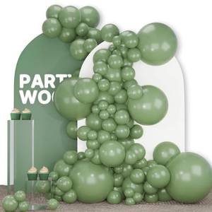 lot 836 image: PartyWoo Sage Green Balloons 140pcs Different Sizes Pack of 18 12 10 5 Inch Olive Eucalyptus Dusty Green Boho Neutral Balloon Arch Kit for Jungle Forest Dinosaur Birthday Party Decorations Green-F81 - Retail $10