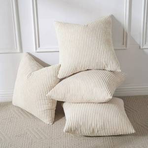 lot 860 image: Volcanics Set of 4 Beige Cream Corduroy Decorative Couch Throw Pillow Covers 18x18 Inch, Modern Double-Sided Striped Cushion Cases, Soft Boho Square Accent Pillow Covers, Mix and Match for Home Decor - Retail $17
