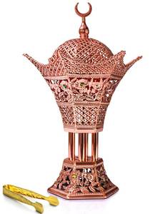 lot 865 image: AM Bakhoor Charcoal Incense Burner - Oud Frankincense Resin Burner 10.5 Inches Tall - for Bakhoor Oud Incense Sticks Cones - Luxury Filigree (Rose Gold) - Retail $33