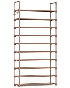 lot 866 image: Kitsure Shoe Rack for Closet - 10-Tier Shoe Organizer with Hook Rack, Large-Capacity & Space-Saving Shoe Shelf for Entryway, Bedroom, Living Room,32.2 x 11.8 x 68.5, Brown - Retail $20