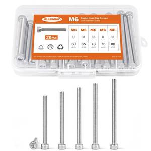 lot 871 image: NIULUNBAO M6 x 60mm 65mm 70mm 75mm 80mm Hex Socket Head Cap Screws Bolts 304 Stainless Steel Metric Machine Allen Hex Drive, Fully Threaded, Assortment Kit 20PCS - Retail $12