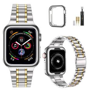 lot 886 image: MioHHR Solid Stainless Steel Bands Compatible with Apple Watch 38mm 40mm 41mm, Metal Strap with Soft TPU Case for iWatch Bands Series 9 8 7 6 5 4 3 2 1 SE SE2 SE3 Women and Men, SilverGold - Retail $17