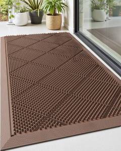 lot 890 image: DEXI Front Door Mats Outside Entrance, 17x36 Rubber Waterproof Dirt Trapping Entry Mat for Entryway, Heavy Duty Non-Slip Low-Profile Welcome Doormat All Weather for Patio, Brown - Retail $40