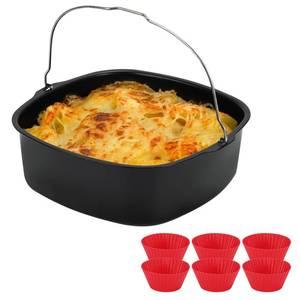 lot 892 image: BSDLZCH 8inch Air Fryer Cake Pan, Non-stick Air Fryer Cake Barrel Square Deep Baking Pan Pizza Baking Pan for Instant Pot Cake Tray Basket Kitchen Accessorie Set (with 6 muffin cups) - Retail $18