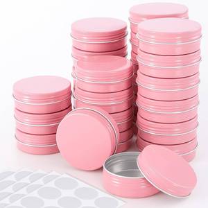 lot 893 image: Patelai 2 oz Metal Round Tins Aluminum Tin Cans Salve Tins Containers with Screw Lid 10 Sheets Stickers for Salve Spice Candies Balms Candles, 36 Pack (Pink) - Retail $24