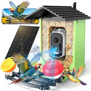 lot 910 image: OPOWO Bird Feeder with Camera, 2K HD AI Identify Smart Bird House Camera with Solar Powered, Live View, Instant Arrival Alerts, Auto Capture Video for Outside, Supports 2.4GHz Wi-Fi Only, Bright Green - Retail $70